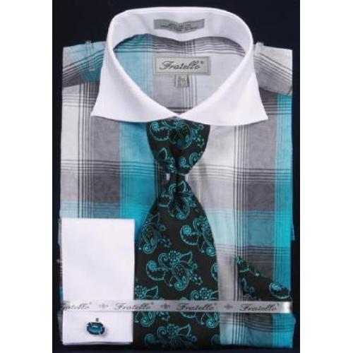 Fratello Turquoise Checker Pattern Two Tone 100% Cotton Shirt / Tie / Hanky Set With Free Cufflinks FRV4119P2
